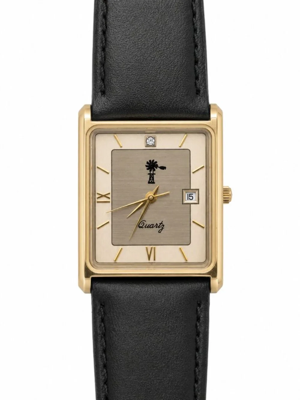 Vintage Gold-Tone Rectangular Quartz Dress Watch – Black Leather Band – Date
